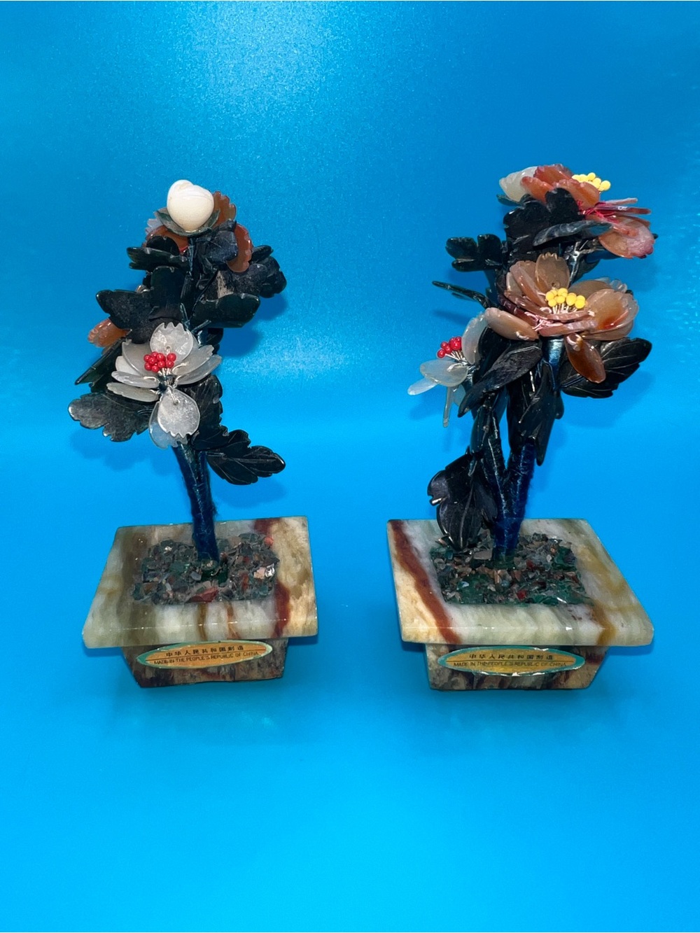 Vintage Chinese carved hardstone/glass bonsai trees